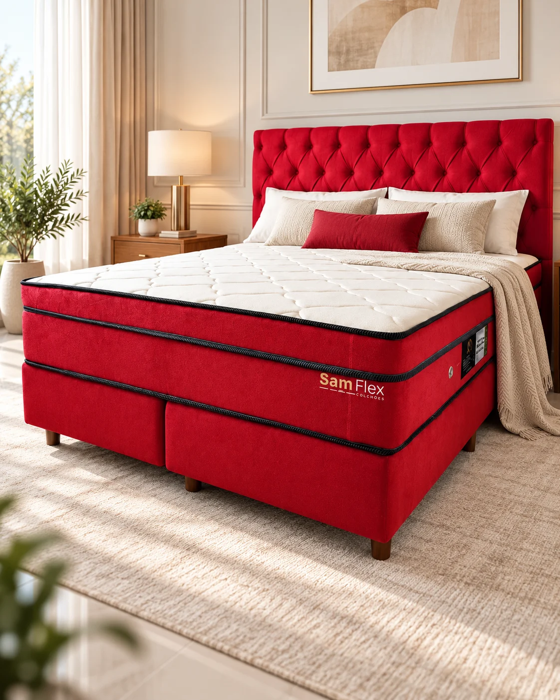 Colchão Samflex vermelho com tampo branco em quarto iluminado