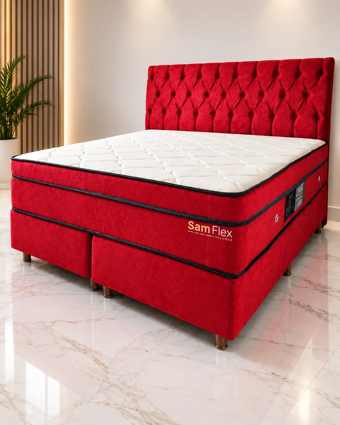 Vista do colchão Samflex vermelho com tampo branco e base estofada