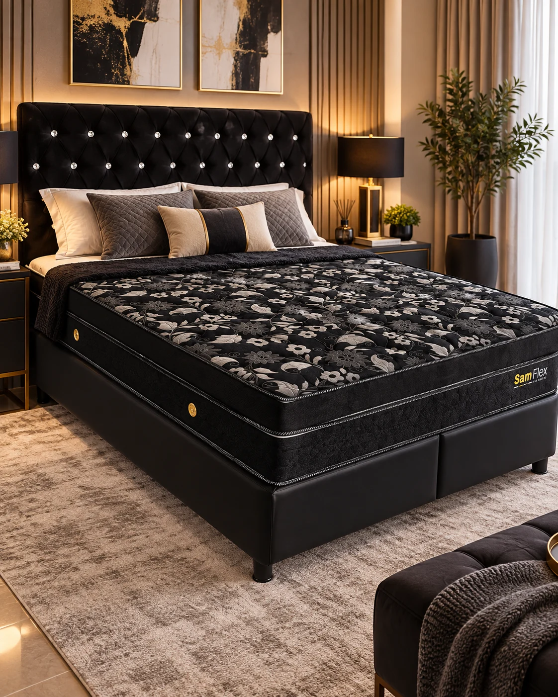 Colchão Samflex preto com estampa floral em quarto com detalhes dourados